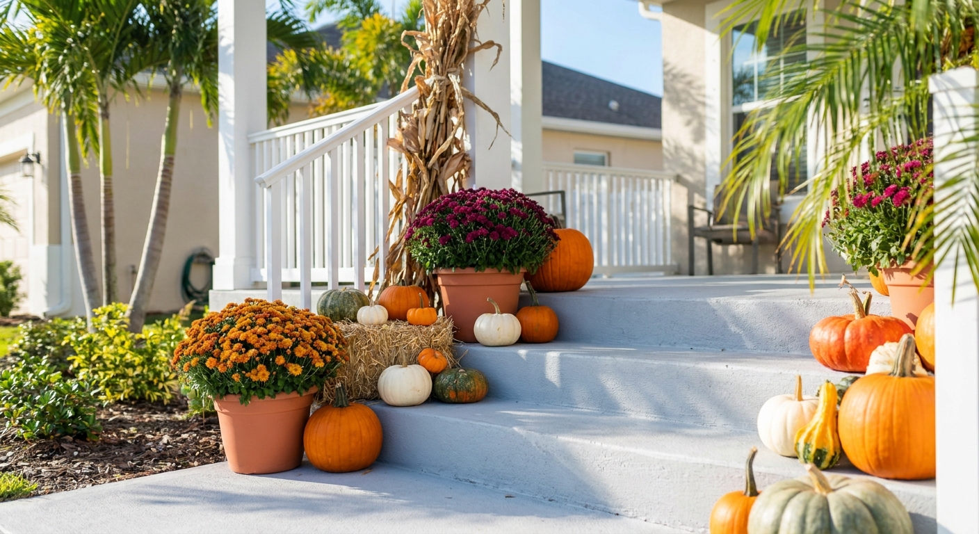 AI-generated preview: a Medium package pumpkin display on a sunny Tampa Bay porch with palm trees, mums, and a straw bale