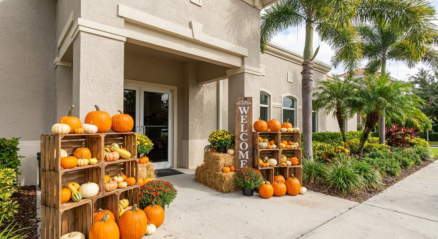 AI-generated preview: a Custom commercial storefront pumpkin display in tiered wooden crates with a welcome sign